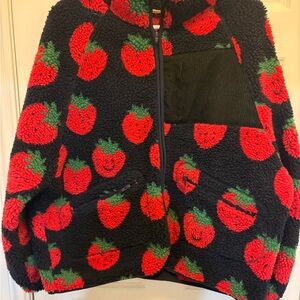 Women's Black Teddy Jacket with Red Strawberry Print